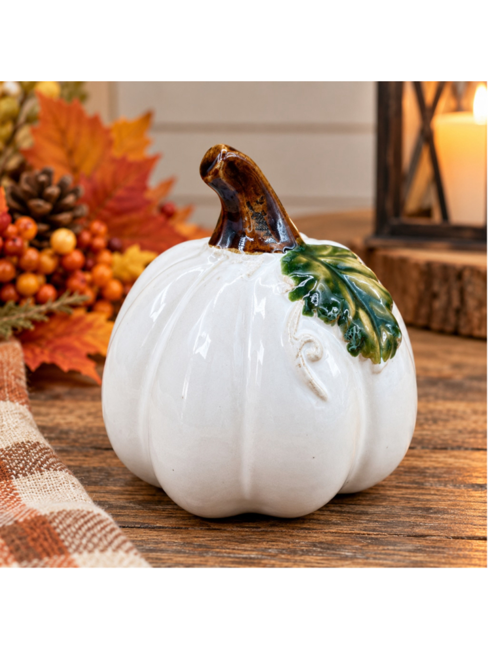 White Ceramic Pumpkin Green Leaf Fall Harvest Thanksgiving Decor 4"